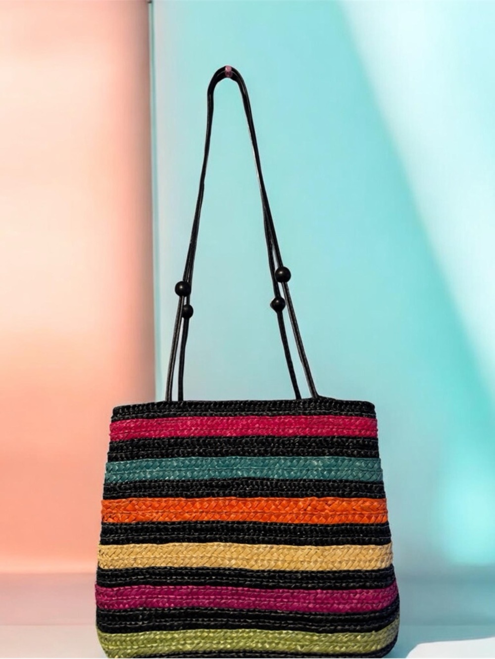 Striped Multicolor Straw Tote Bag - Black Trim